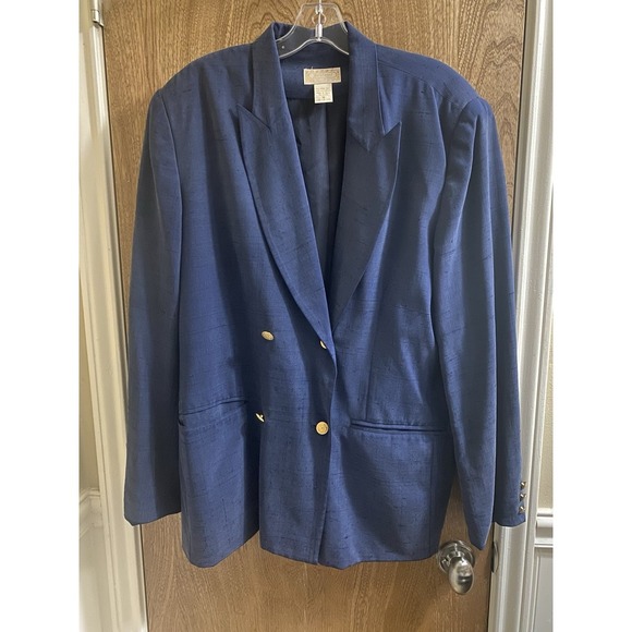 Vintage Silkland 100% Silk Navy Blue Blazer Gold Buttons Oversized Fit Size 14 - Picture 1 of 16